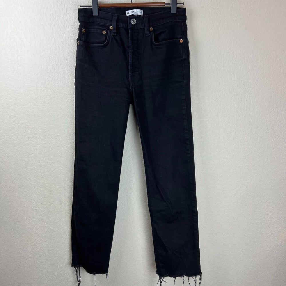 Re/Done Womens Straight Leg Jeans High Rise Frayed Hem Black Denim‎ Size 27